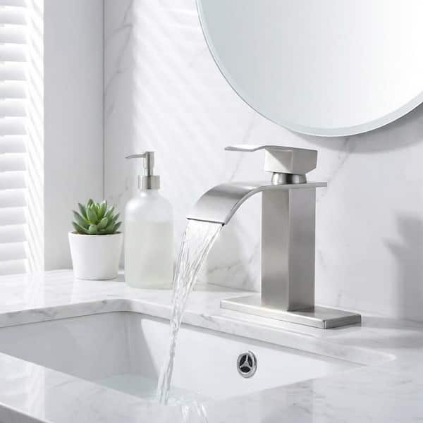 Modern Single-Handle Single-Hole Bathroom Faucet with Deck Plate and Pop-Up Drain in Brushed Nickel