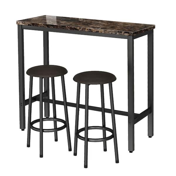 mieres Modern 3-Piece Rectangle Brown Faux Marble Top Bar Table Set with Steel Frame and 2 Upholstered Stools