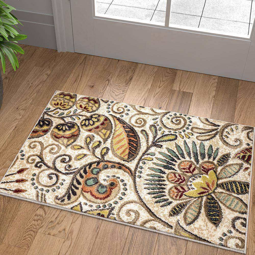 Ivory and Multicolor Synthetic Rectangular 2x3 Area Rug