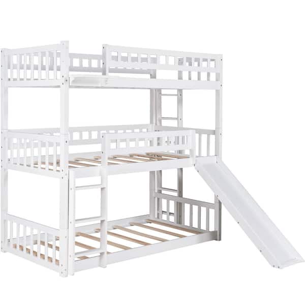 wetiny White Twin Triple Bed with Built-in Ladder and Slide, Triple Bunk Bed with Guardrails