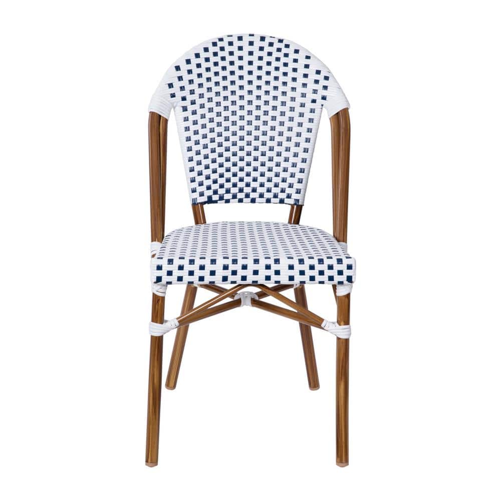White and Navy Checkered PE Rattan Armless Side Chairs