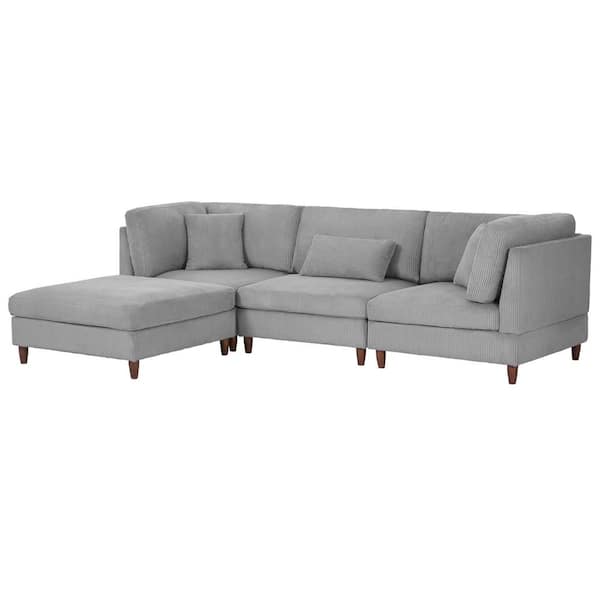 112.1 in. Straight Arm 4-piece Corduroy Upholstered L-Shaped Sectional Sofa in Light Gray