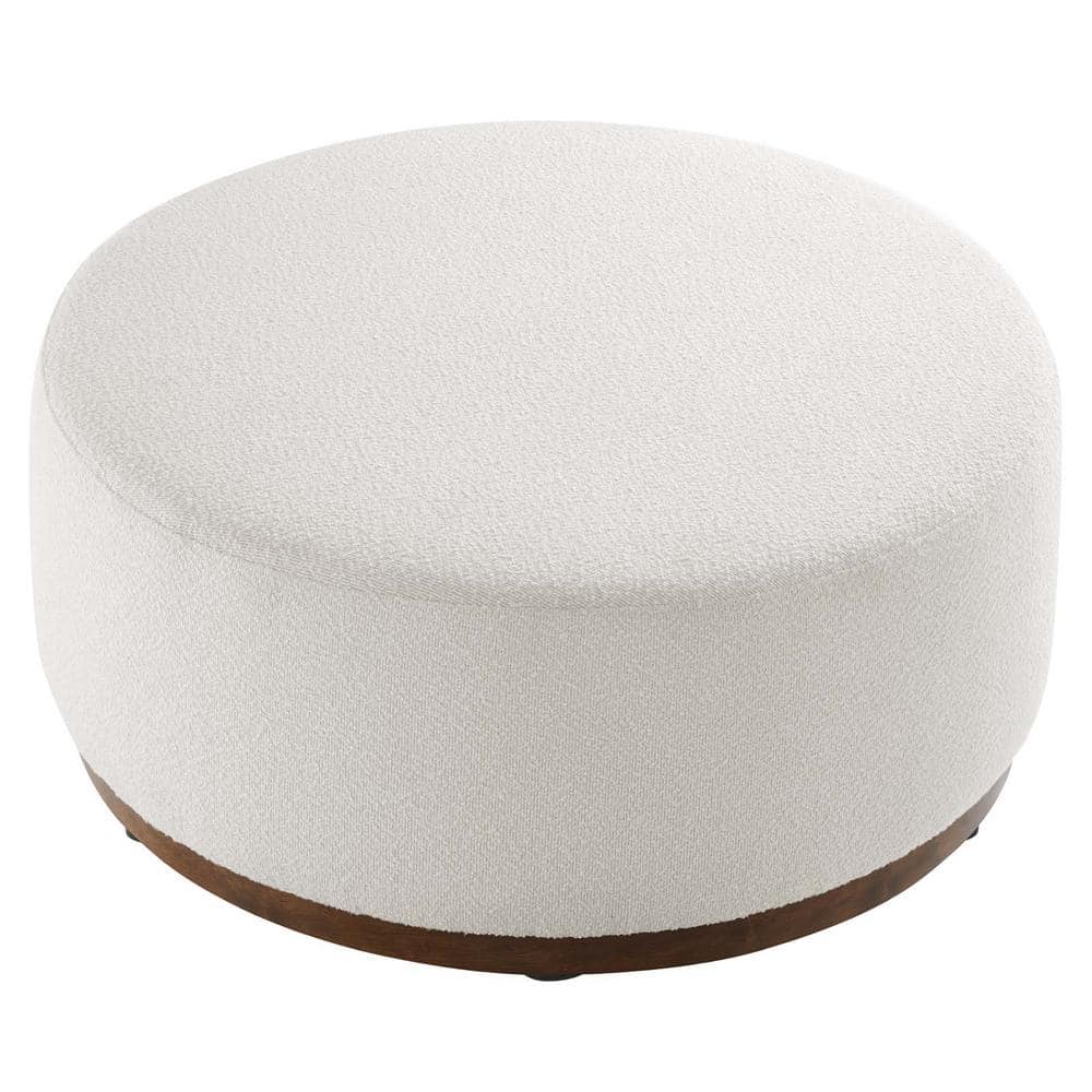 Tilden Large Round Off-White Boucle Upholstered Ottoman with Walnut Base