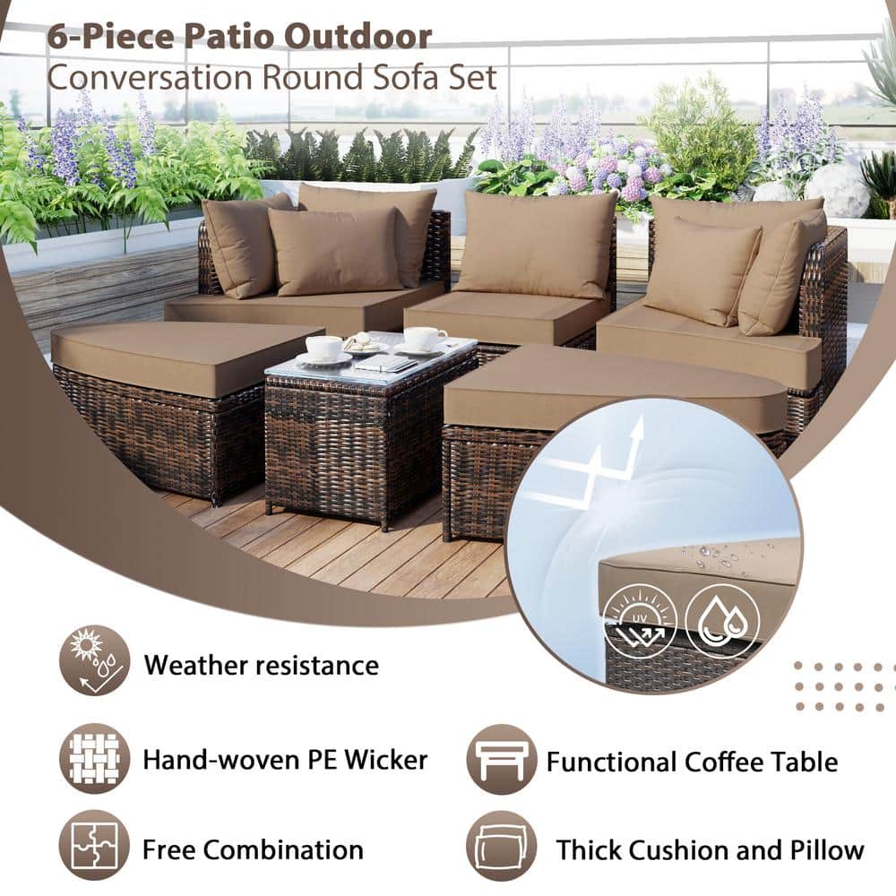 Brown Steel Frame 5-Person Outdoor Sectional Sofa Set with Cushions