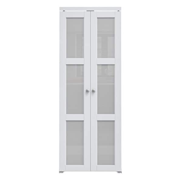30 in. x 96 in. 3-Lite Tempered Frosted Glass Solid Core White Finished Glass Pivot Bifold Door with 2-Types of Hardware