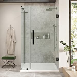 Tampa-Pro 34 in. L x 32 in. W x 75 in. H Corner Shower Kit w/Pivot Frameless Shower Door in Black and Shower Pan