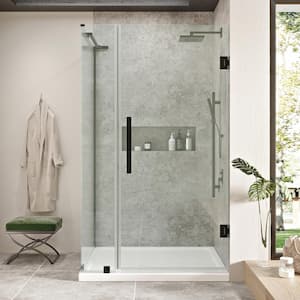 Tampa-Pro 38 in. L x 32 in. W x 75 in. H Corner Shower Kit w/Pivot Frameless Shower Door in Black and Shower Pan