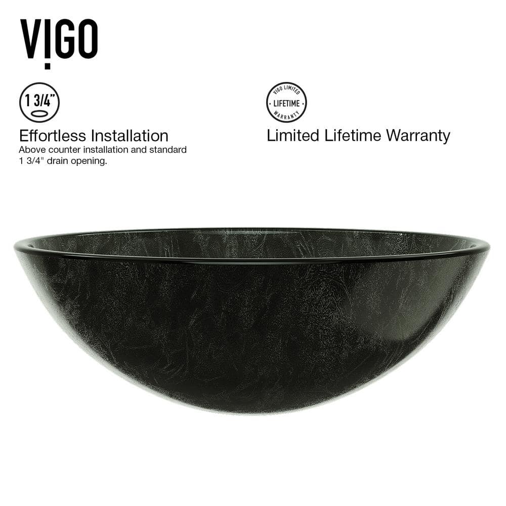 Gray Onyx Round Glass Vessel Sink with Chrome Faucet