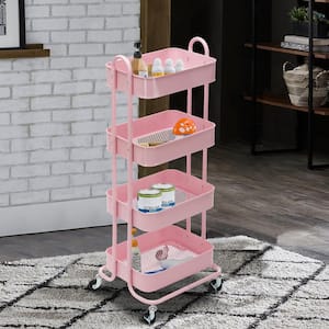 4-Tier Metal 4-Wheeled Shelves Storage Utility Cart in Pink