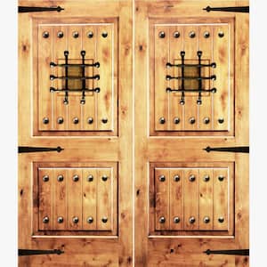 60 in. x 96 in. Mediterranean Knotty Alder Square Top Clear Left-Hand Inswing Wood Double Prehung Front Door