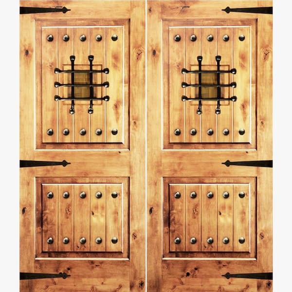 Krosswood Doors 64 in. x 80 in. Mediterranean Knotty Alder Square Top Clear Left-Hand Inswing Wood Double Prehung Front Door