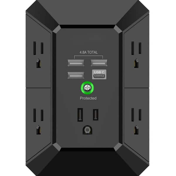 Outlet Extender with 4 USB Charging Ports (4.8A Total) 3-Sided 1680J Power Strip Multi Plug Outlets Wall Adapter, Black