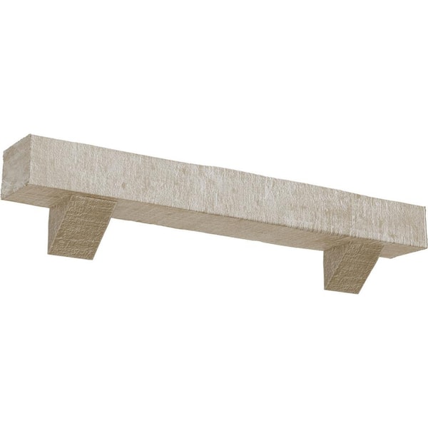 Ekena Millwork 4 in. x 6 in. x 7 ft. Rough Cedar Faux Wood Fireplace Mantel Kit with Breckinridge Corbels, White Washed