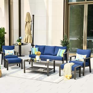 Walden Grey 6-Piece Wicker Metal Outdoor Patio Conversation Sofa Seating Set with a Coffee Table and Navy Blue Cushions