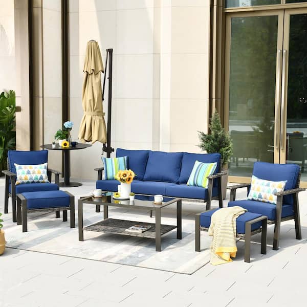 HOOOWOOO Walden Grey 6-Piece Wicker Metal Outdoor Patio Conversation Sofa Seating Set with a Coffee Table and Navy Blue Cushions