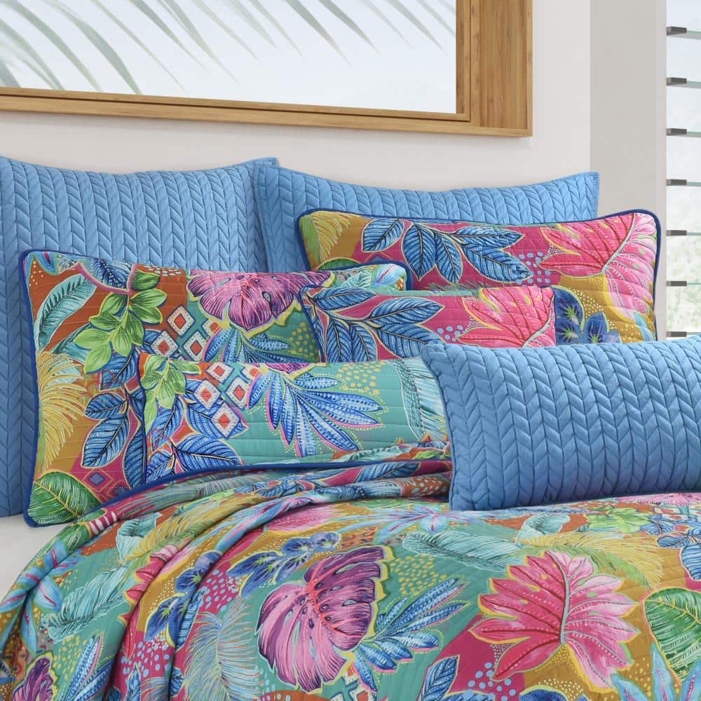 Full Blue Microfiber Tropical Plant Quilt Set