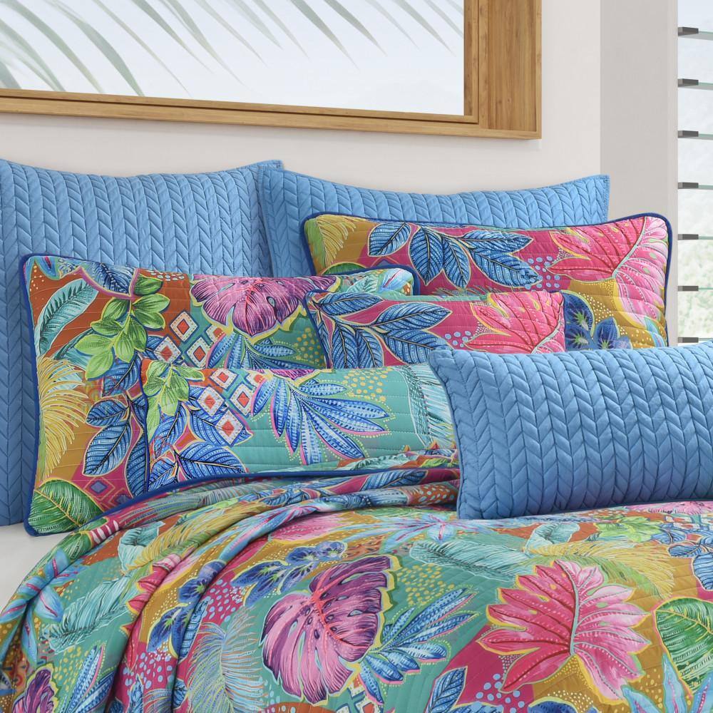 Blue Twin Microfiber Tropical Plant Quilt Set