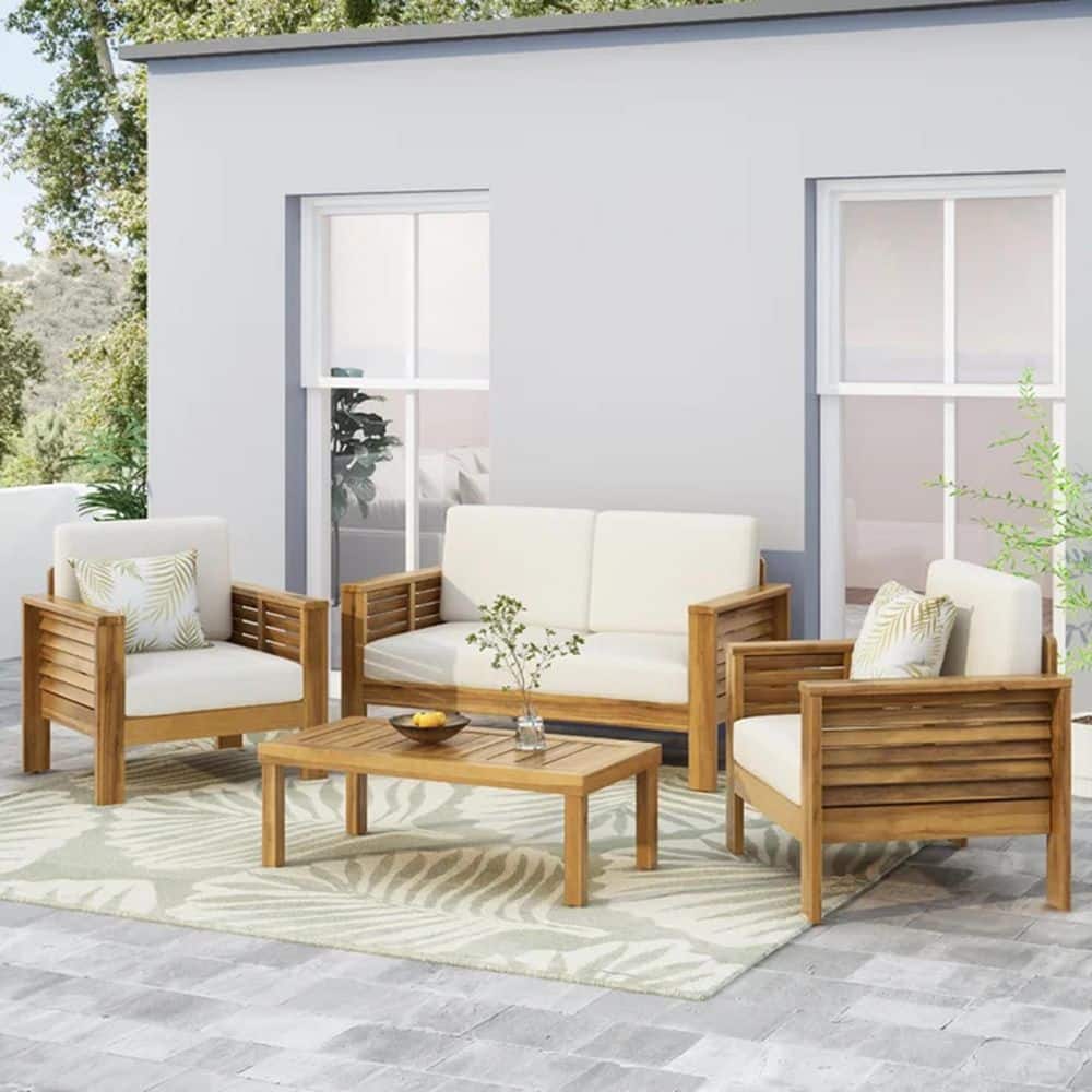 4-Pieces Wood Patio Conversation Set, Outdoor Loveseat and Coffee Table Set