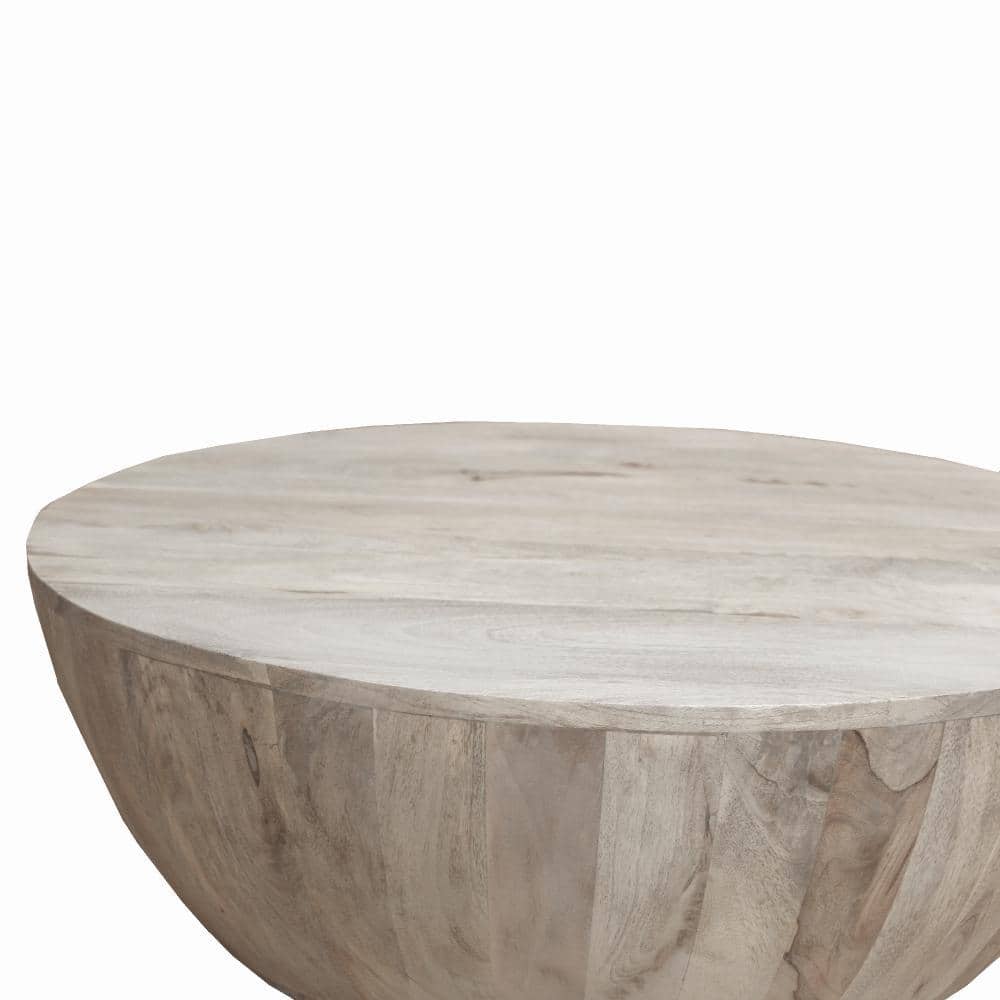 35.5" Round Washed Light Brown Mango Wood Outdoor Coffee Table