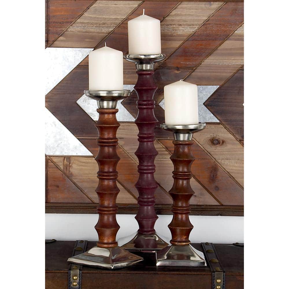 Elegant Traditional Wood Candlestick Trio in Brown - 12" Height