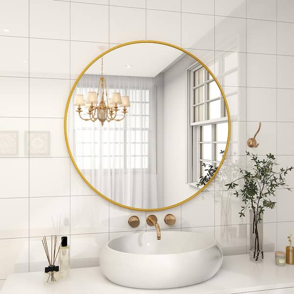 30.2 in. W x 30.2 in. H Round Aluminum Alloy Framed Modern Gold Wall Mirror