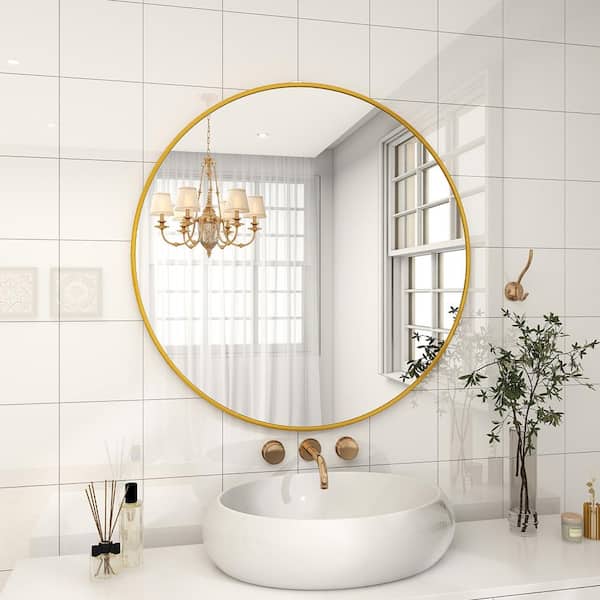 XRAMFY 30.2 in. W x 30.2 in. H Round Aluminum Alloy Framed Modern Gold Wall Mirror