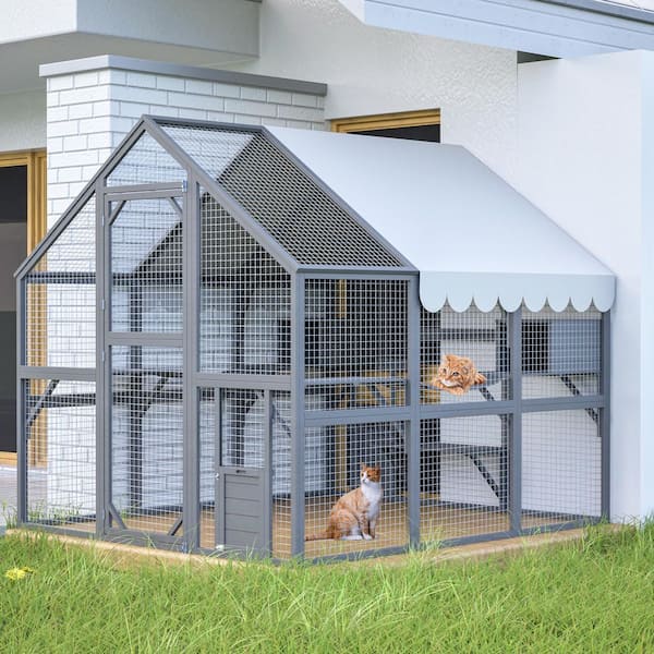 Outdoor Large Walk-in Cat House Cat Run Enclosure Wooden Cat Catio with Enter Door and Roof Cover, Gray