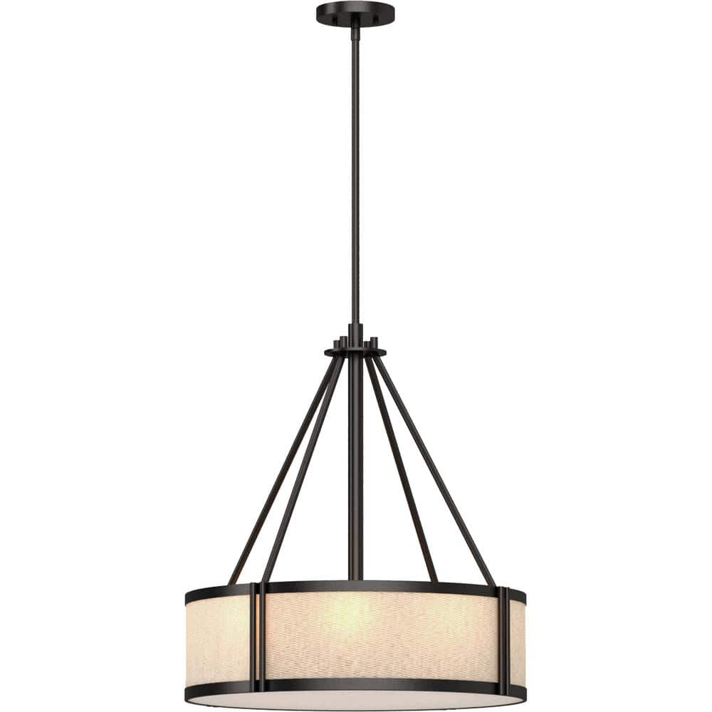 Antique Bronze 4-Light Pendant with Beige Linen Drum Shade