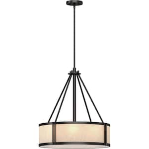4-Light Indoor Antique Bronze Downrod Pendant with Light Beige Linen Drum Shade and Frosted Lens Bottom