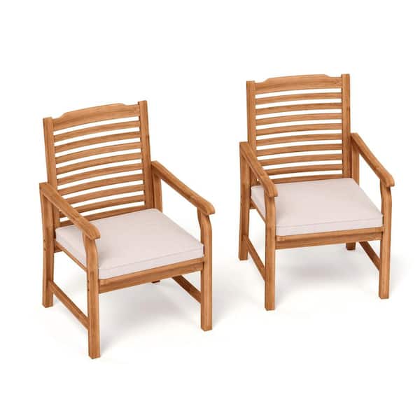 Brown Acacia Natural Wood Patio Outdoor Dining Chair with Beige Removable Cushion (2-Pack)