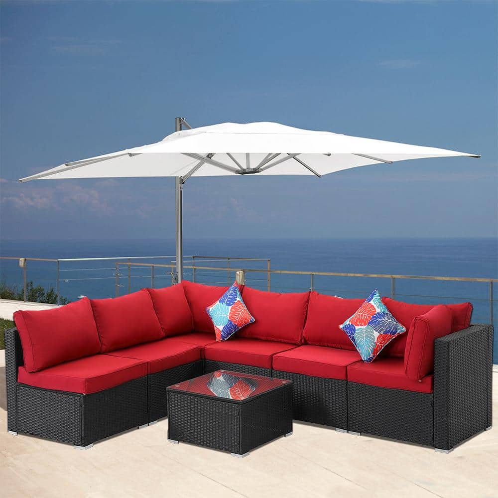 7-Piece Wicker Black Patio Furniture Outdoor Sectional Sofa with Red Cushio
