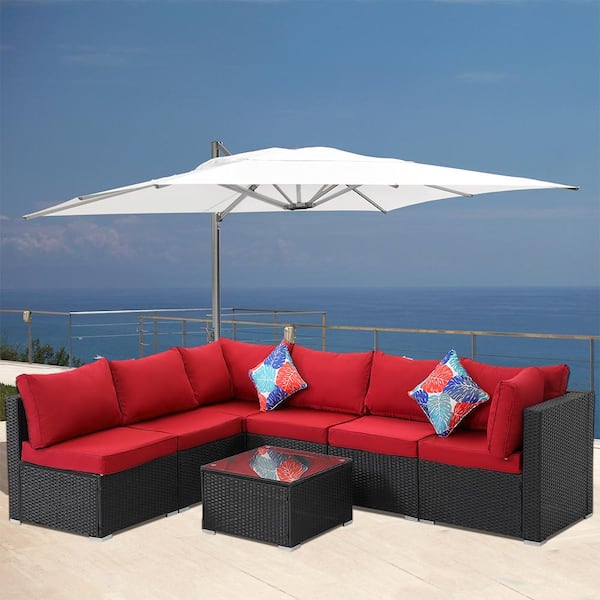 Unbranded 7-Piece Wicker Black Patio Furniture Outdoor Sectional Sofa with Red Cushions and Coffee Table For Outdoor