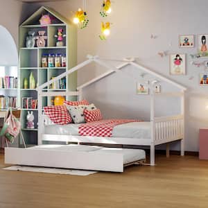 White Full Size Wood House Bed Kids Bed with Twin Size Trundle