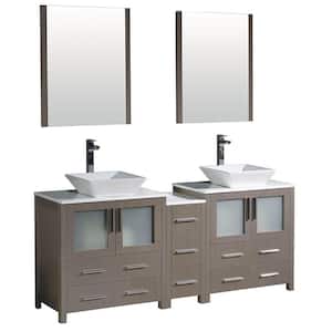 Torino 72 in. Double Vanity in Gray Oak with Glass Stone Vanity Top in White with White Basins and Mirrors