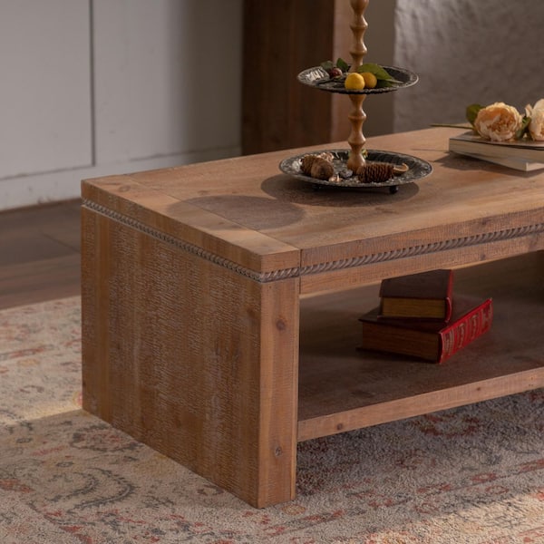 47 in. Brown Rectangle Solid Wood Coffee Table with Storage Shelf, Farmhouse 2-Tier Living Room Table, Easy Assembly