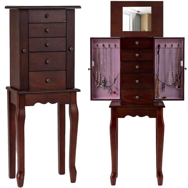 Brown Wood Jewelry Cabinet with Mirror Armoire Storage Chest Stand Organizer Christmas
