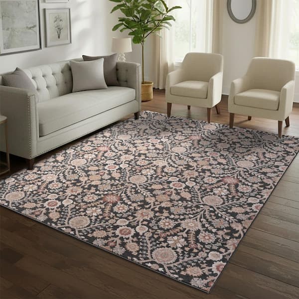 Nepal 8 ft. x 10 ft. Black Floral Area Rug