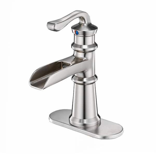 FORCLOVER Single-Handle Low-Arc Single Hole Waterfall Bathroom Faucet with Supply Line in Brushed Nickel