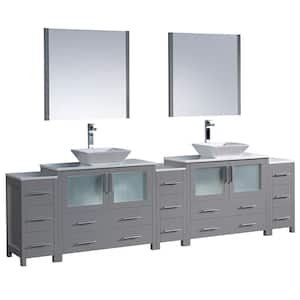 Torino 108 in. W Double Bath Vanity in Gray with Glass Stone Vanity Top in White with White Vessel Sinks and Mirrors