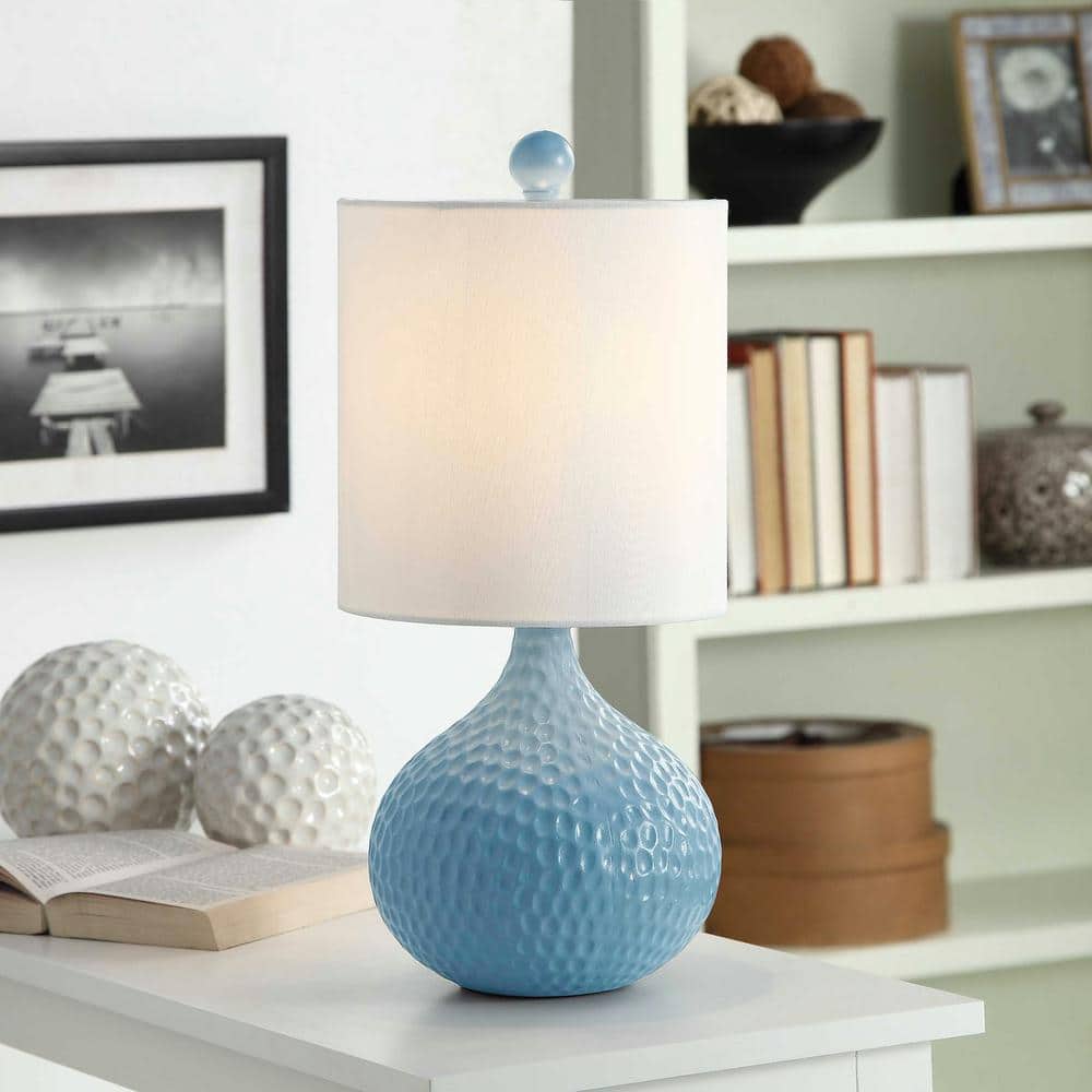 Blue Ceramic Table Lamp with White Hardback Shade
