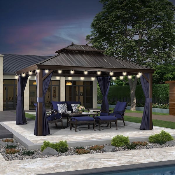 12ft. x 14 ft. Bronze Patio Outdoor Gazebo for Backyard Hardtop Aluminum Frame w/Hooks, Netting, Blue Curtain, 24 Lights