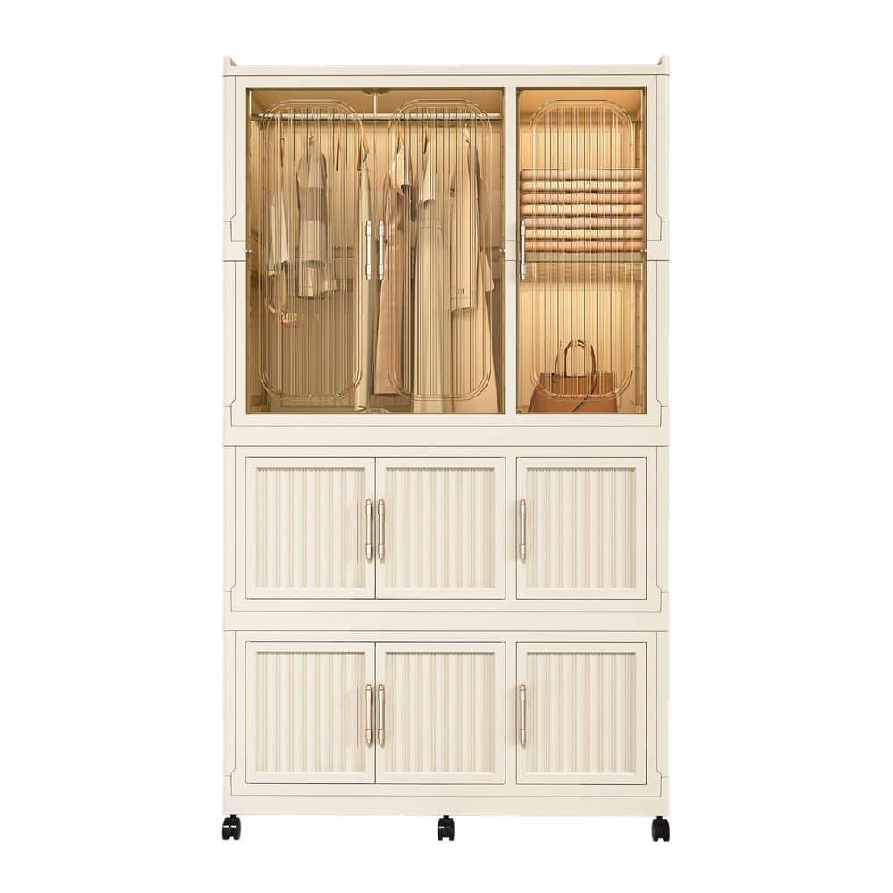 62.2 in. H x 36.22 in. W x 17.72 in. D Cream White Portable Closet Storage Organizer with Magnetic Doors, Hanging Rod