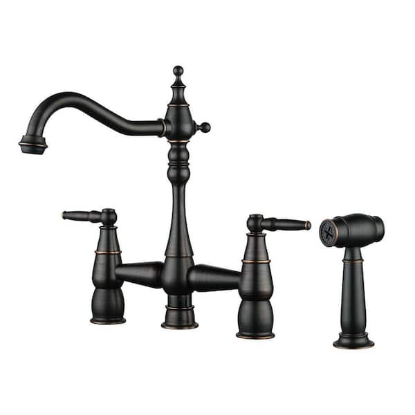 Quaint Double Handle Vintage Bridge Kitchen Faucet-Side Spray in Oil Rubbed Bronze