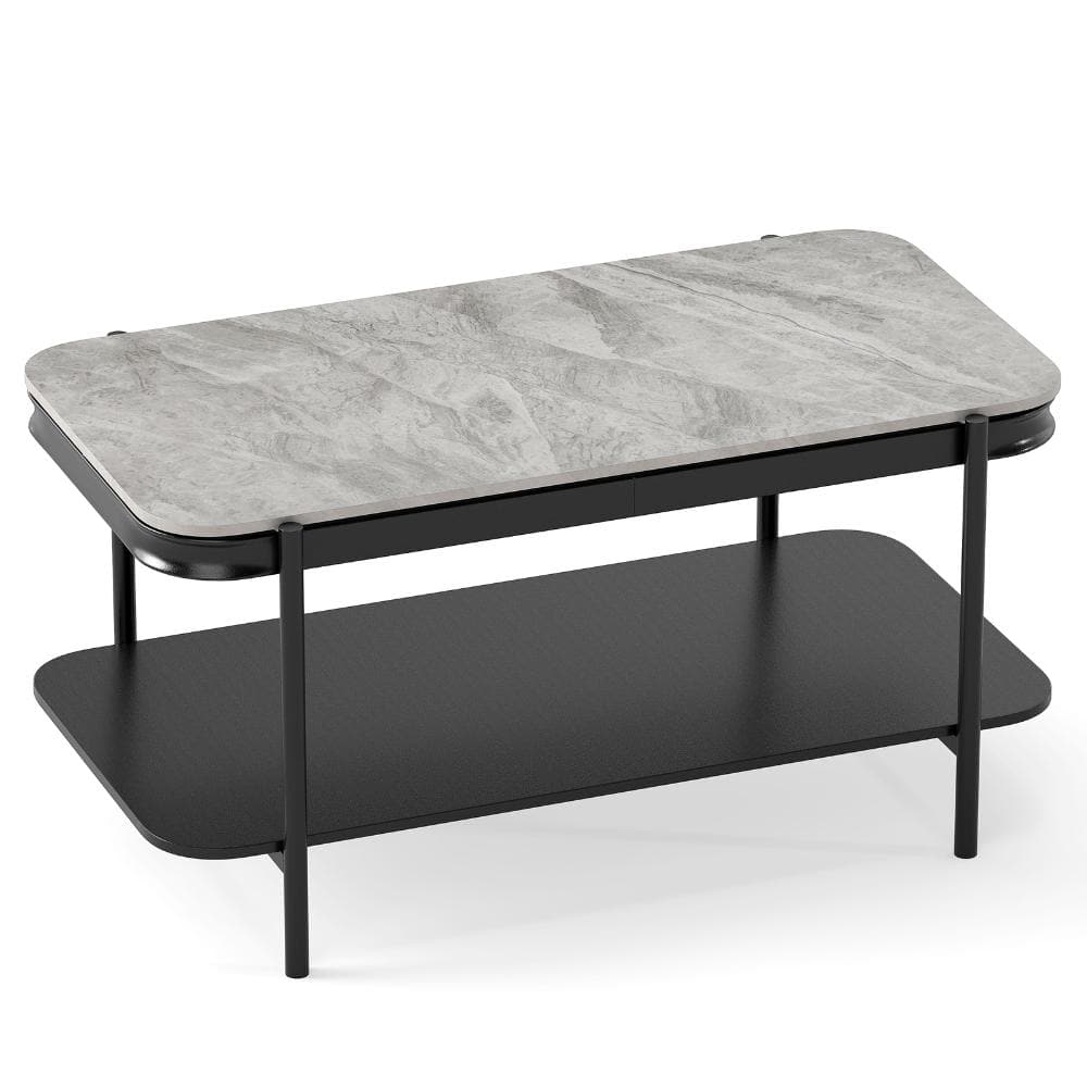 Gray Rectangle Modern 2-Tier Coffee Table with Sintered Stone Top for Living Room