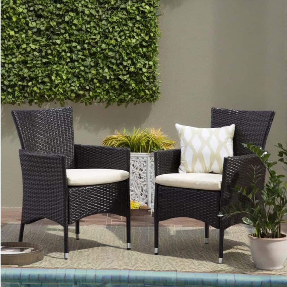 Outdoor Multibrown PE Wicker Dining Chairs with Beige Cushions, Cushioned L