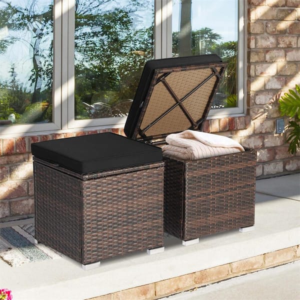 Costway Mix Brown Wicker Outdoor Ottoman with Black Cushion (2-Pack)