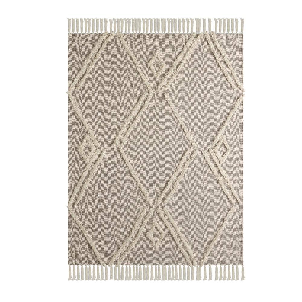 Beige and Cream Cotton Fringe Throw Blanket, 50" x 60"