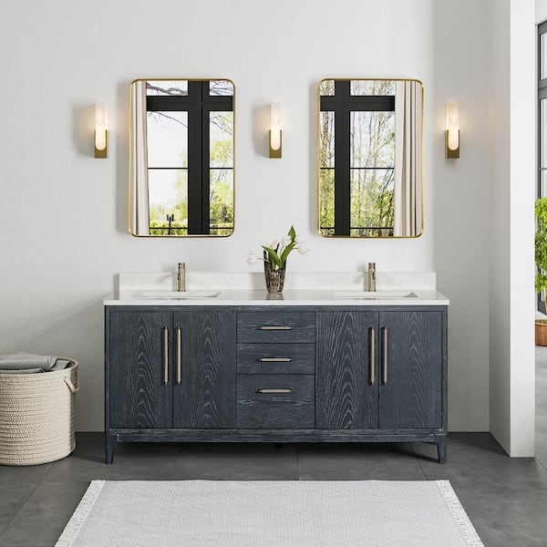 ROSWELL Gara 72 in. W x 22 in. D x 33.9 in. H Double Sink Bath Vanity in Blue with White Grain Composite Stone Top