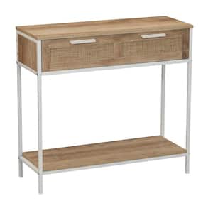 31.29 in. Coastal Oak Rectangle Particle Board Console Table with White Metal Frame and Woven Rattan Drawers