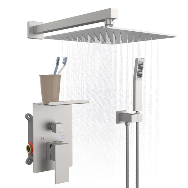 GELE Rain Single Handle 1-Spray Shower Faucet System 2.2 GPM with Pressure Balance in. Brushed Nickel (With Storage Rack)